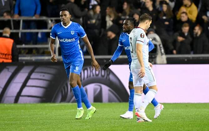 GENK, NOVEMBER 04 : Joseph Paintsil forward of KRC Genk celebrates after scoring pictured during the UEFA Europa League group H match between West Ham United and KRC Genk on NOVEMBER 4, 2021 in Genk, Belgium 04 11 2021 ( KRG Genk v West Ham Europa league PhotoNews Panoramic 