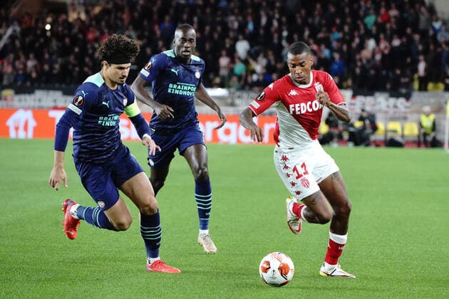 Jean Lucas (AS Monaco) - Erick Gutierrez (PSV Eindhoven) FOOTBALL : AS Monaco vs PSV Eindhoven - League Europa - Monaco - 04 11 2021 NorbertScanella Panoramic 
