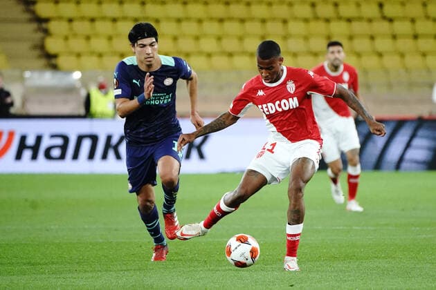 Jean Lucas (AS Monaco) - Erick Gutierrez (PSV Eindhoven) FOOTBALL : AS Monaco vs PSV Eindhoven - League Europa - Monaco - 04 11 2021 NorbertScanella Panoramic 