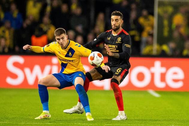 Mandatory Credit: Photo by Kirk O Rourke Shutterstock (12587237n) Connor Goldson of Rangers battles for the ball during the Europa League match at Brøndby Stadium, Copenhagen. Brondby v Rangers, UEFA Europa League Group A, Football, Brondy Stadium, Brondbyvester, Denmark - 04 Nov 2021 Brondby v Rangers, UEFA Europa League Group A, Football, Brondy Stadium, Brondbyvester, Denmark - 04 Nov 2021 Copyright: xKirkxO Rourke Shutterstockx 12587237n