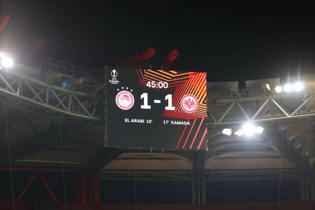 Olympiacos F.C. v Eintracht Frankfurt UEFA Europa League Score board at first half between Olympiacos F.C. and Eintracht Frankfurt during the UEFA Europa League Group D match at Karaiskakis Stadium, Piraeus Content Not Available For UK Newspapers Copyright: xYannisxHalasx FIL-16070-0037