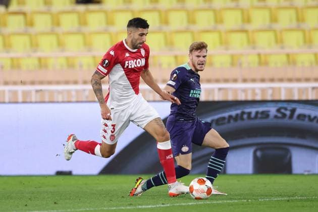Monaco, Monaco, 4th November 2021. Guillermo Maripan of AS Monaco clashes with Yorbe Vertessen of PSV Eindhoven during the UEFA Europa League match at Stade Louis II, Monaco. Picture credit should read: Jonathan Moscrop Sportimage EDITORIAL USE ONLY. No use with unauthorised audio, video, data, fixture lists, club league logos or live services. Online in-match use limited to 120 images, no video emulation. No use in betting, games or single club league player publications. SPI-1284-0011