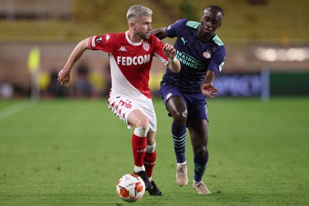 Monaco, Monaco, 4th November 2021. Caio Henrique of AS Monaco is pursued by Jordan Teze of PSV Eindhoven during the UEFA Europa League match at Stade Louis II, Monaco. Picture credit should read: Jonathan Moscrop Sportimage EDITORIAL USE ONLY. No use with unauthorised audio, video, data, fixture lists, club league logos or live services. Online in-match use limited to 120 images, no video emulation. No use in betting, games or single club league player publications. SPI-1284-0016