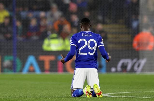 Leicester, England, 4th November 2021. Patson Daka of Leicester City prays during the UEFA Europa League match at the King Power Stadium, Leicester. Picture credit should read: Darren Staples Sportimage EDITORIAL USE ONLY. No use with unauthorised audio, video, data, fixture lists, club league logos or live services. Online in-match use limited to 120 images, no video emulation. No use in betting, games or single club league player publications. SPI-1300-0007