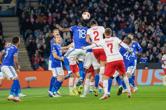 Leicester City v Spartak Moscow Europa League 04 11 2021. Spartak Moscow Defender Samuel Gigot (2) gets a header in front of Leicester City Defender Daniel Amartey (18) during the Europa League match between Leicester City and Spartak Moscow at the King Power Stadium, Leicester, England on 4 November 2021. Leicester King Power Stadium Leicestershire England Editorial use only , Copyright: xJohnxMallettx PSI-13965-0027