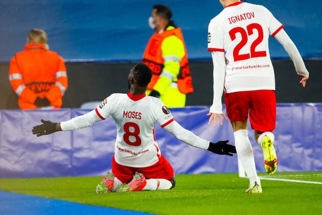 4th November 2021; King Power Stadium, Leicester, Leicestershire, England; Europa League football, Leicester City versus Spartak Moscow; Victor Moses of Spartak Moscow celebrates his goal after 50 minutes (0-1)  ActionPlus12336709 GrahamxWilson