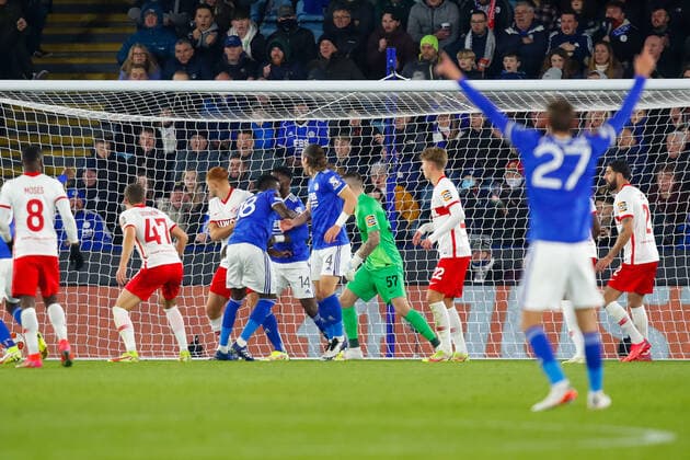 4th November 2021; King Power Stadium, Leicester, Leicestershire, England; Europa League football, Leicester City versus Spartak Moscow; Daniel Amartey heads a goal for Leicester City after 57 minutes (1-1)  ActionPlus12336711 GrahamxWilson