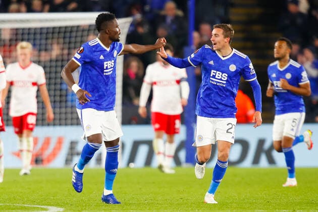 4th November 2021; King Power Stadium, Leicester, Leicestershire, England; Europa League football, Leicester City versus Spartak Moscow; Timothy Castagne of Leicester City congratulates Daniel Amartey for his goal after 57 minutes (1-1)  ActionPlus12336714 GrahamxWilson