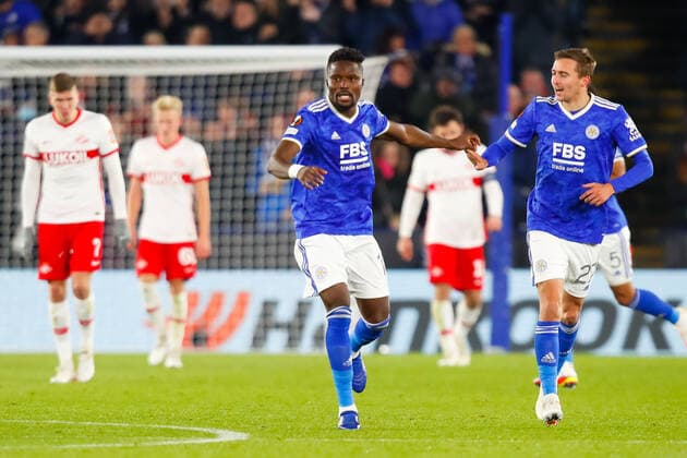 4th November 2021; King Power Stadium, Leicester, Leicestershire, England; Europa League football, Leicester City versus Spartak Moscow; Timothy Castagne of Leicester City congratulates Daniel Amartey for his goal after 57 minutes (1-1)  ActionPlus12336715 GrahamxWilson