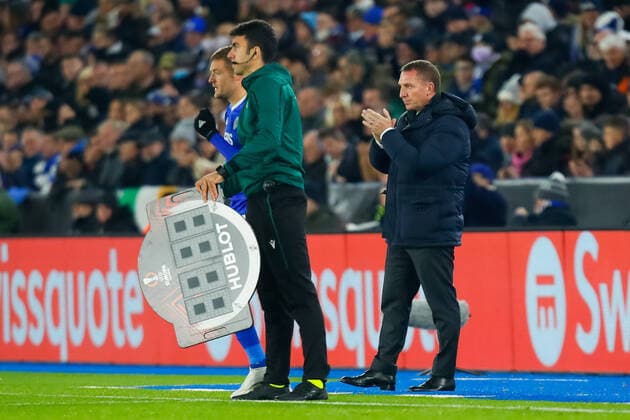 4th November 2021; King Power Stadium, Leicester, Leicestershire, England; Europa League football, Leicester City versus Spartak Moscow; Leicester City Manager Brendan Rodgers looks on as Jamie Vardy prepares to come on as a substitute  ActionPlus12336767 GrahamxWilson