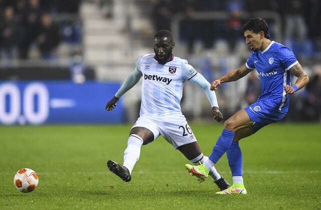 Mandatory Credit: Photo by Simon Dael Shutterstock (12587229eo) Arthur Masuaku of West Ham United closes down Daniel Munoz of KRC Genk Genk v West Ham United, UEFA Europa League Group H, Football Cegeka Arena, Genk, Belgium - 04 Nov 2021 Genk v West Ham United, UEFA Europa League Group H, Football Cegeka Arena, Genk, Belgium - 04 Nov 2021  Copyright: xSimonxDael Shutterstockx 12587229eo
