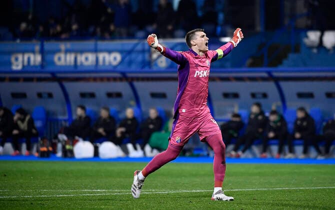 Dinamo Zagreb v Rapid Wien: Group H - UEFA Europa League Goalkeeper Dominik Livakovic of Dinamo Zagreb celebrate after the UEFA Europa League group H match between Dinamo Zagreb and Rapid Wien at Maksimir Stadium on November 4, 2021 in Zagreb, Croatia. MarkoxLukunic PIXSELL