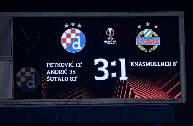 Dinamo Zagreb v Rapid Wien: Group H - UEFA Europa League Scoreboard is pictured after the UEFA Europa League group H match between Dinamo Zagreb and Rapid Wien at Maksimir Stadium on November 4, 2021 in Zagreb, Croatia. MarkoxLukunic PIXSELL