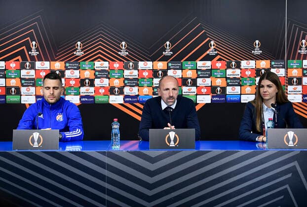 Dinamo Zagreb v Rapid Wien: Group H - UEFA Europa League Komnen Andric of Dinamo Zagreb and Dinamo Zagreb Head Coach Damir Krznar speaks during a press conference, PK, Pressekonferenz after the UEFA Europa League group H match between Dinamo Zagreb and Rapid Wien at Maksimir Stadium on November 4, 2021 in Zagreb, Croatia. MarkoxLukunic PIXSELL