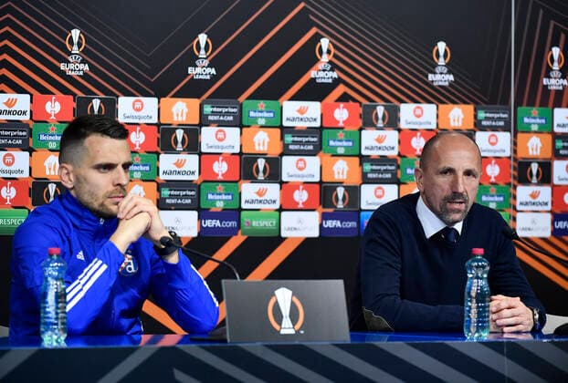 Dinamo Zagreb v Rapid Wien: Group H - UEFA Europa League Komnen Andric of Dinamo Zagreb and Dinamo Zagreb Head Coach Damir Krznar speaks during a press conference, PK, Pressekonferenz after the UEFA Europa League group H match between Dinamo Zagreb and Rapid Wien at Maksimir Stadium on November 4, 2021 in Zagreb, Croatia. MarkoxLukunic PIXSELL