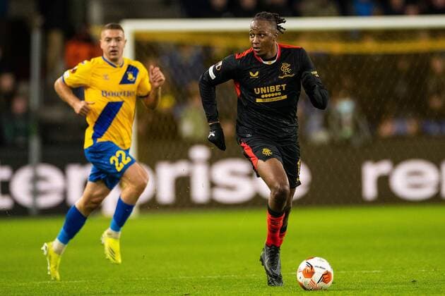 Mandatory Credit: Photo by Kirk O Rourke Shutterstock (12587237cu) Joe Aribo of Rangers and Josip Radosevic of Brondby during the Europa League match at Brøndby Stadium, Copenhagen. Brondby v Rangers, UEFA Europa League Group A, Football, Brondy Stadium, Brondbyvester, Denmark - 04 Nov 2021 Brondby v Rangers, UEFA Europa League Group A, Football, Brondy Stadium, Brondbyvester, Denmark - 04 Nov 2021 Copyright: xKirkxO Rourke Shutterstockx 12587237cu
