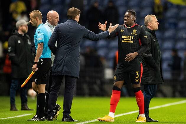 Mandatory Credit: Photo by Kirk O Rourke Shutterstock (12587237de) Rangers Manager Steven Gerrard shakes hands with Calvin Bassey during the Europa League match at Brøndby Stadium, Copenhagen. Brondby v Rangers, UEFA Europa League Group A, Football, Brondy Stadium, Brondbyvester, Denmark - 04 Nov 2021 Brondby v Rangers, UEFA Europa League Group A, Football, Brondy Stadium, Brondbyvester, Denmark - 04 Nov 2021 Copyright: xKirkxO Rourke Shutterstockx 12587237de