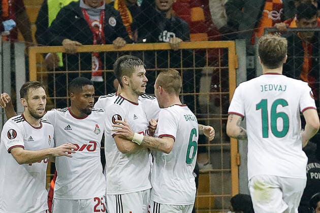 ISTANBUL, TURKEY - NOVEMBER 4, 2021: Lokomotivâ€™s players celebrate a goal in the 2021 22 UEFA Europa League Group E Round 4 match between Galatasaray Istanbul and Lokomotiv Moscow at the Ali Sami Yen Sports Complex. Mikhail Japaridze TASS  TS116D22