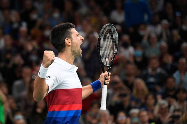 Novak Djokovic (SRB) jubeln jubelt, celebrate during the Rolex Paris Master 2021 at the Accord Arena on saturday november 6, 2021. Paris. France. Copyright: AntonioxBorga