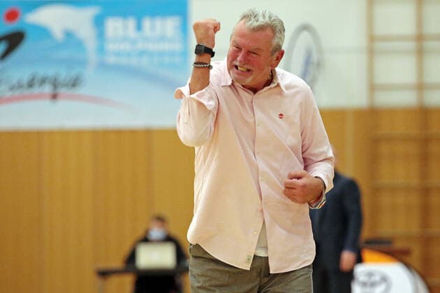 06.11.2021, xovx, Basketball Damen Bundesliga DBBL, BC pharmaserv Marburg - Rheinland Lions Jubel bei Trainer Christoph Wysocki (BC pharmaserv Marburg) Marburg Georg Gaßmann Halle Hessen Deutschland (DE)