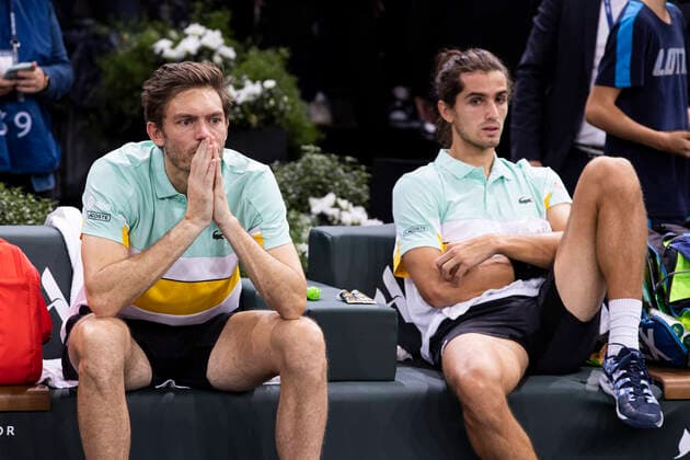 Paris, France, November 7, 2021 - French players Pierre Hugues Herbert and Nicolas Mahut reacts after loosing their doubles final match against Tim Puetz from Germany and Michael Venus from New Zealand, at the Rolex Paris Masters tennis tournament.  Copyright: xAlexisxSciardx