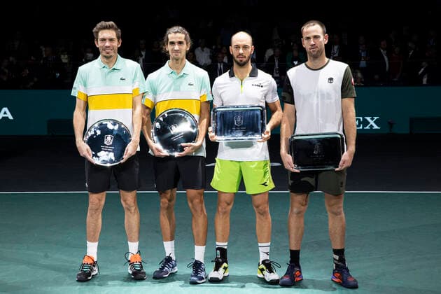 Paris, France, November 7, 2021 - Players of the doubles final match with their trophy at the Rolex Paris Masters tennis tournament. Tim Puetz from Germany and Michael Venus from New Zealand (R) won against French players Pierre Hugues Herbert and Nicolas Mahut (L).  Copyright: xAlexisxSciardx