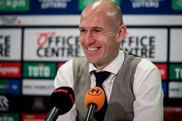 GRONINGEN - Arjen Robben addresses the press after the Dutch Eredivisie match between FC Groningen and RKC Waalwijk at the Euroborg stadium on November 7, 2021 in Groningen, the Netherlands. ANP COR LASKER Dutch Eredivisie 2021 2022 xVIxANPxSportx xxANPxIVx