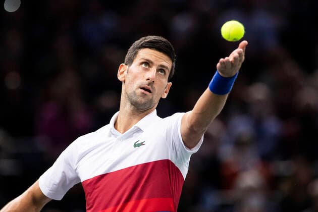 Paris, France, November 7, 2021 - Serbia s Novak Djokovic serves as he plays against Russia s Daniil Medvedev during their men s single final tennis match at the Rolex Paris Masters tennis tournament.  Copyright: xAlexisxSciardx