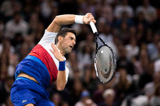 Paris, France, November 7, 2021 - Serbia s Novak Djokovic in action as he plays against Russia s Daniil Medvedev during their men s single final tennis match at the Rolex Paris Masters tennis tournament.  Copyright: xAlexisxSciardx
