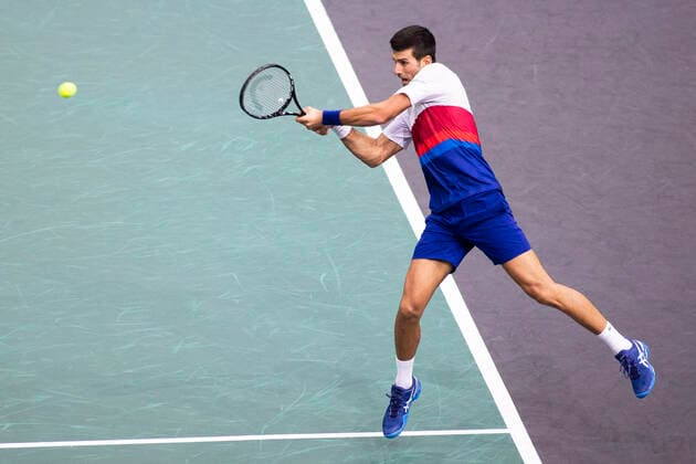 Paris, France, November 7, 2021 - Serbia s Novak Djokovic in action as he plays against Russia s Daniil Medvedev during their men s single final tennis match at the Rolex Paris Masters tennis tournament.  Copyright: xAlexisxSciardx