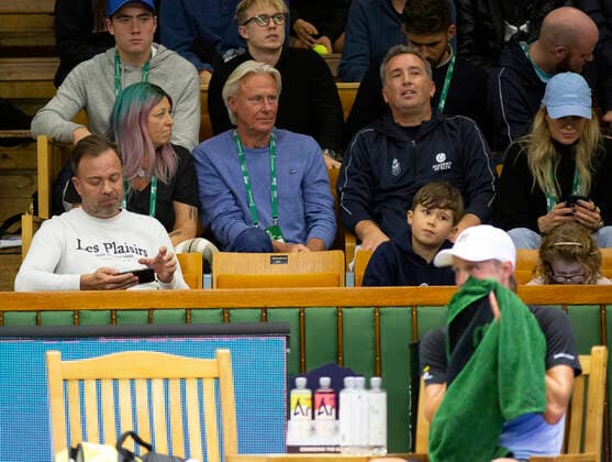 Former Swedish tennis legend Bjorn Borg with his wife Patricia watch their son Leo Borg play against Tommy Paul during the tennis tournament Stockholm Open November 7, 2021. STOCKHOLM Sweden x10730x