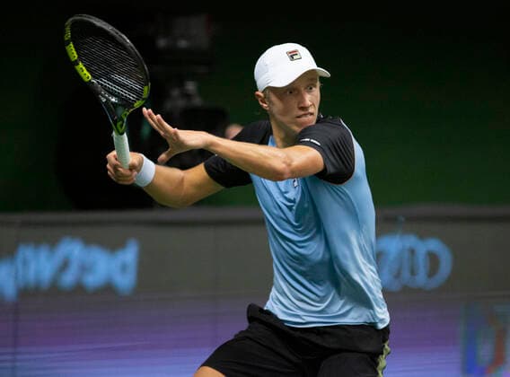 Leo Borg, son of former Swedish tennis legend Bjorn Borg, play against Tommy Paul during the tennis tournament Stockholm Open November 7, 2021. STOCKHOLM Sweden x10730x