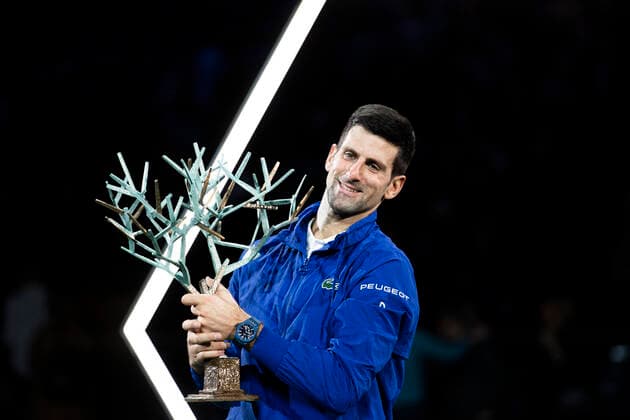 Paris, France, November 7, 2021 - Serbia s Novak Djokovic poses with his trophy after winning the men s single final tennis match of the Rolex Paris Masters tournament against Russia s Daniil Medvedev.  Copyright: xAlexisxSciardx