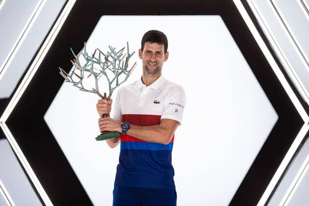 Paris, France, November 7, 2021 - Serbia s Novak Djokovic poses with his trophy after winning the men s single final tennis match of the Rolex Paris Masters tournament against Russia s Daniil Medvedev.  Copyright: xAlexisxSciardx