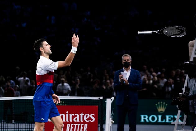 Paris, France, November 7, 2021 - Serbia s Novak Djokovic shows his joy after winning the men s single final tennis match of the Rolex Paris Masters tournament against Russia s Daniil Medvedev.  Copyright: xAlexisxSciardx