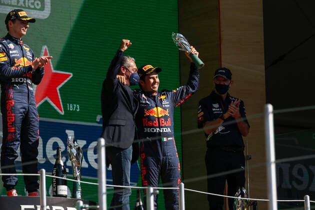 Carlos Slim Domit (MEX), 11 Sergio Perez (MEX, Red Bull Racing), F1 Grand Prix of Mexico at Autodromo Hermanos Rodriguez on November 7, 2021 in Mexico City, Mexico. (Photo by HOCH ZWEI) Mexico City Mexico
