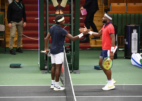 Frances Tiafoe, USA, (R) won his match against Elias Ymer, Sweden, during the tennis tournament Stockholm Open November 8, 2021. STOCKHOLM Sweden x10080x