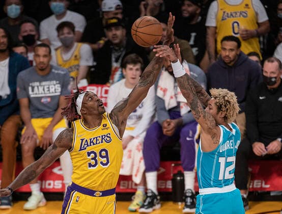November 8, 2021, Los Angeles, California, USA: Dwight Howard 39 of the Los Angeles Lakers tries to block a shot by Kelly Oubre Jr. 12 of the Charlotte Hornets during their regular season NBA, Basketball Herren, USA game on Monday November 8, 2021 at the Staples Center in Los Angeles, California. Lakers defeat Hornets, 126-123. PI Los Angeles USA - ZUMAp124 20211108_zaa_p124_065 Copyright: xJAVIERxROJASx