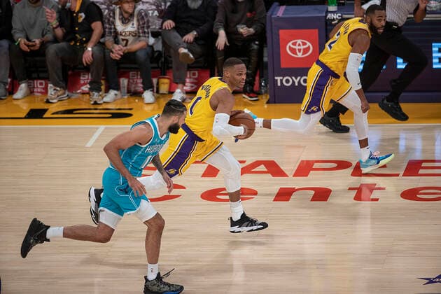 November 8, 2021, Los Angeles, California, USA: Russell Westbrook 0 of the Los Angeles Lakers drives down court during their regular season NBA, Basketball Herren, USA game with the Charlotte Hornets on Monday November 8, 2021 at the Staples Center in Los Angeles, California. Lakers defeat Hornets, 126-123. PI Los Angeles USA - ZUMAp124 20211108_zaa_p124_066 Copyright: xJAVIERxROJASx