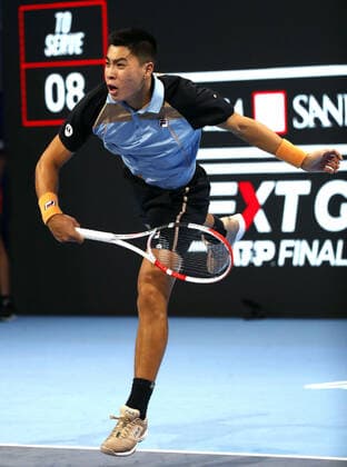 November 9, 2021, MILAN, ITALY: Brandon Nakashima of Usa returns the ball during the match against Juan Manuel Cerundolo of Argentina on the first day of the Next Gen ATP, Tennis Herren Finals in Milan, Italy, 09 November 2021. The Next Gen Atp Finals runs from 09 November through 13 November.ANSA MATTEO BAZZI MILAN ITALY - ZUMAa110 20211109_zaf_a110_003 Copyright: xMatteoxBazzix