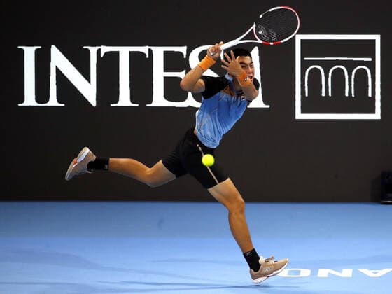 November 9, 2021, MILAN, ITALY: Brandon Nakashima of Usa returns the ball during the match against Juan Manuel Cerundolo of Argentina on the first day of the Next Gen ATP, Tennis Herren Finals in Milan, Italy, 09 November 2021. The Next Gen Atp Finals runs from 09 November through 13 November.ANSA MATTEO BAZZI MILAN ITALY - ZUMAa110 0141477215st Copyright: xMatteoxBazzix