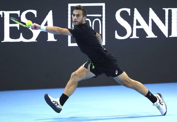 November 9, 2021, MILAN, ITALY: Hugo Gaston of France returns the ball during the match against Sebastian Korda of Usa on the first day of the Next Gen ATP, Tennis Herren Finals in Milan, Italy, 09 November 2021. The Next Gen Atp Finals runs from 09 November through 13 November.ANSA MATTEO BAZZI Next Gen ATP finals  - ZUMAa110 20211109_zaf_a110_030 Copyright: xMatteoxBazzix