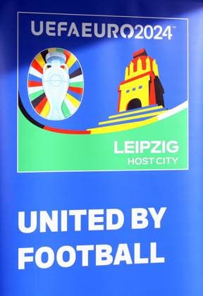 Euro 2024 - Host City Leipzig Leipzig, 10.11.2021, Quarterback Immobilien Arena, Fußball EM 2024 , UEFA EURO, EM, Europameisterschaft,Fussball 2024 - Host City Leipzig, Vorstellung und Pressegespräch , Im Bild: Schild mit Logo. ,