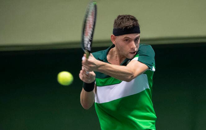 STOCKHOLM 20211110 Serbia s Filip Krajinovic in his game against Felix Auger-Aliassime of Canadaduring the tennis tournament Stockholm Open on November 10, 2021. STOCKHOLM SWEDEN TENNIS x10080x