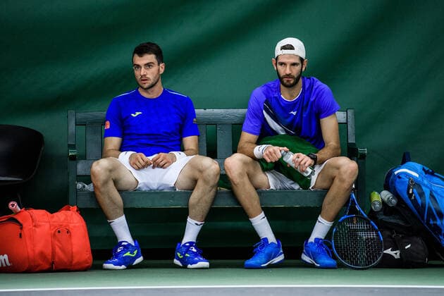 211111 Pedro Martinez of Spain and Andrea Vavassori of Italy look dejected as they are competing in men s quarter final s Doubles match during Stockholm Open on November 11, 2021 in Stockholm. Photo: Jesper Zerman BILDBYRAN COP 234 JZ0154 tennis stockholm open day 5 bbeng depp Copyright: JESPERxZERMAN BB211111JZ074