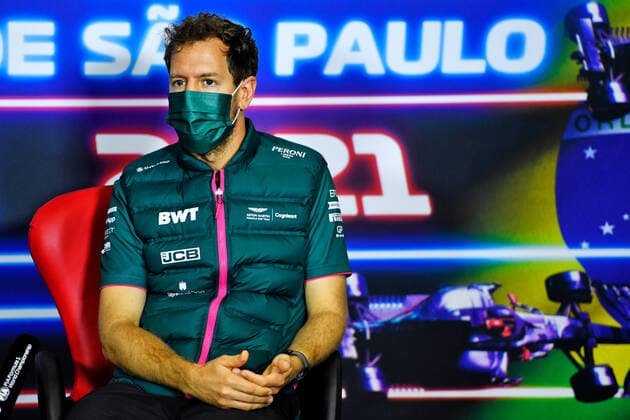 F1 Grand Prix of Brazil 5 Sebastian Vettel (GER, Aston Martin Cognizant F1 Team), F1 Grand Prix of Brazil at Autodromo Jose Carlos Pace on November 11, 2021 in Sao Paulo, Brazil. (Photo by xpbimages.com XPB Images FIA Pool via HOCH ZWEI) Sao Paulo Brazil Poolfoto HOCH ZWEI Pool XPB Images ,EDITORIAL USE ONLY