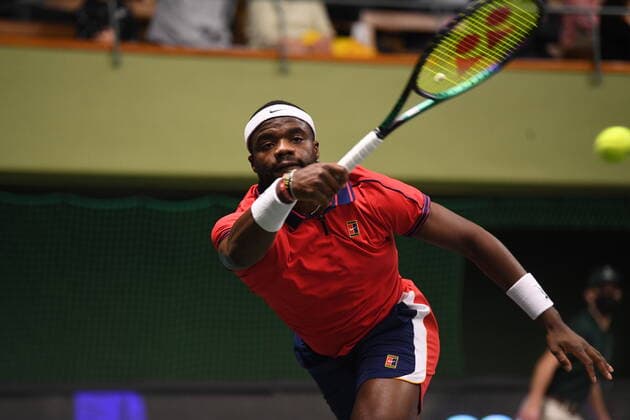 STOCKHOLM 20211112 Frances Tiafoe of USA return the ball to Tommy Paul of USA during their semi final Stockholm Open 2021 Stockholm Open 2021 at the Royal Tennis Hall Friday Nov. 12, 2021. STOCKHOLM SWEDEN TENNIS x10080x