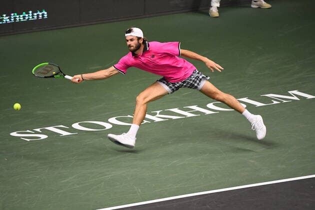 STOCKHOLM 20211112 Tommy Paul of USA returns the ball to Frances Tiafoe USA during their semi final Stockholm Open 2021 in Stockholm Open 2021 at the Royal Tennis Hall Friday Nov. 12, 2021. STOCKHOLM SWEDEN TENNIS x10080x