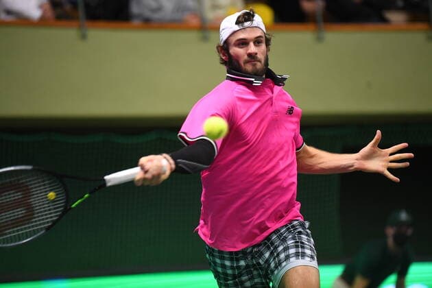 STOCKHOLM 20211112 Tommy Paul of USA returns the ball to Frances Tiafoe USA during their semi final Stockholm Open 2021 in Stockholm Open 2021 at the Royal Tennis Hall Friday Nov. 12, 2021. STOCKHOLM SWEDEN TENNIS x10080x