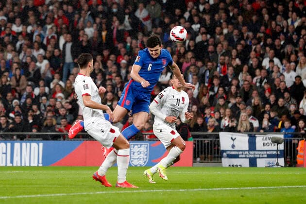 England v Albania 2022 FIFA World Cup, WM, Weltmeisterschaft, Fussball Qualifiers Harry Maguire scores his sides 1st goal during the 2022 FIFA World Cup Qualifiers Group I match at Wembley Stadium, London Content Not Available For UK Newspapers Copyright: xPaulxChestertonx FIL-16101-0001